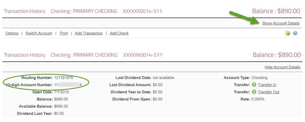Screenshot of Transaction History with location of Show Account Details pointed out